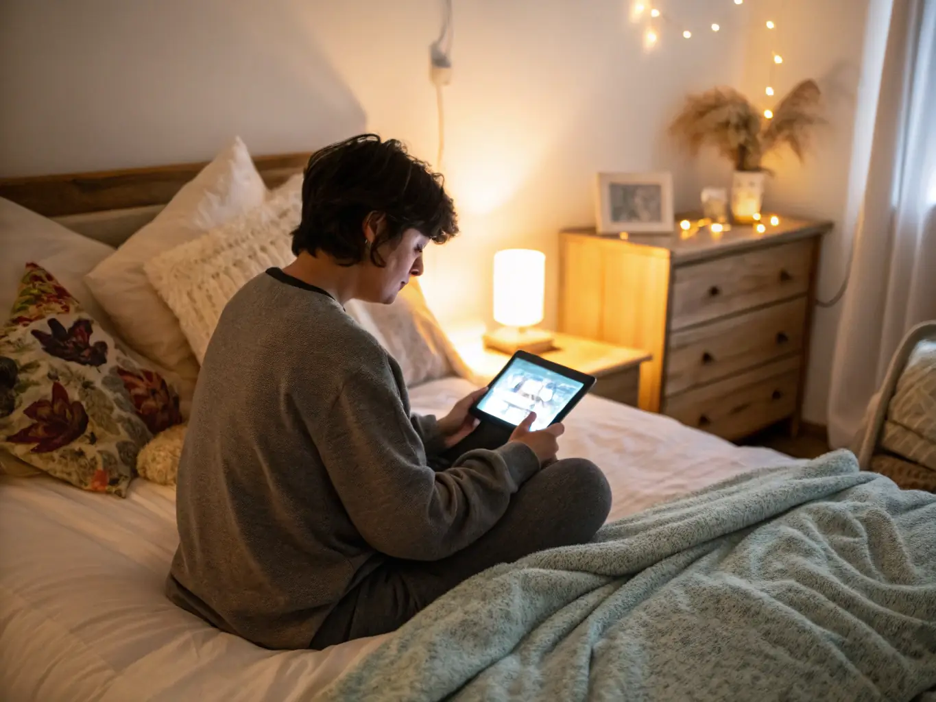 A person comfortably filling out a sleep questionnaire on a tablet in a softly lit room, conveying ease and accessibility.