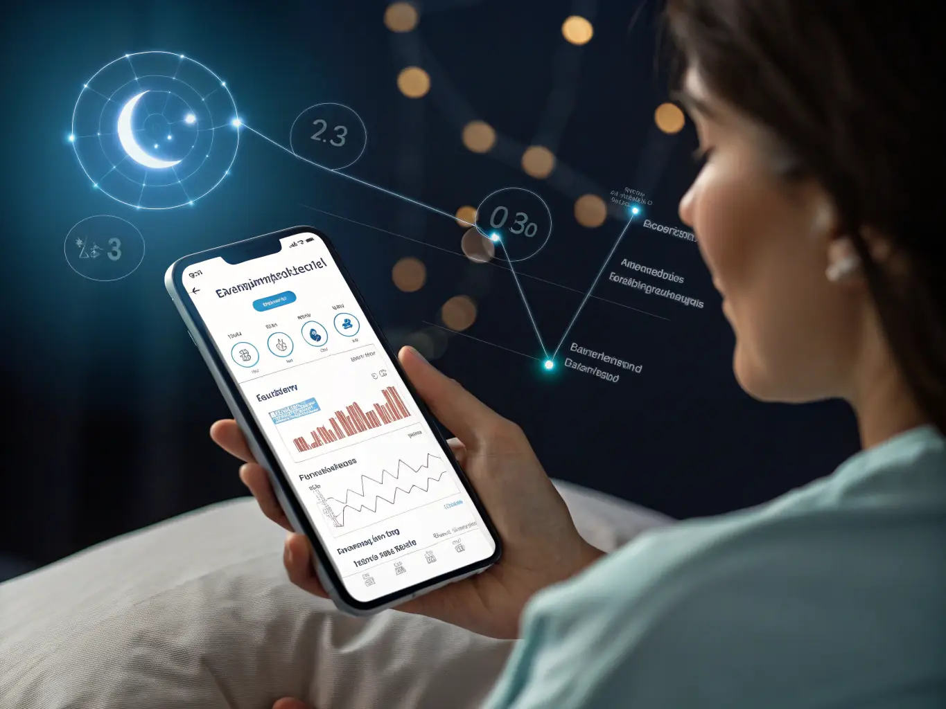 A visual representation of data analysis related to sleep patterns, showcasing charts and graphs that illustrate the effectiveness of personalized sleep solutions.