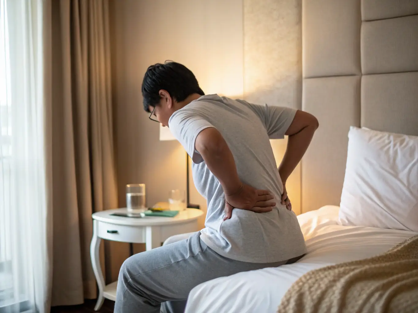 A person lying in bed, holding their lower back in pain, indicating back pain issues, with a focus on the mattress and pillow, representing the importance of sleep support.